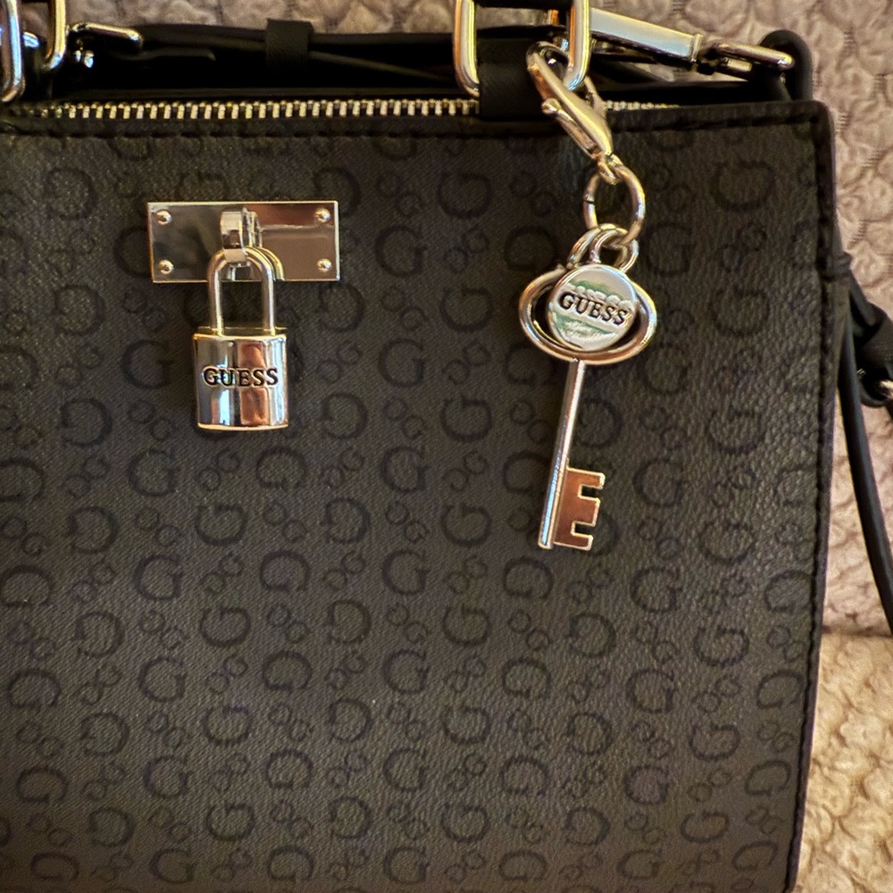 GUESS Black Monogram Satchel with Key Charm